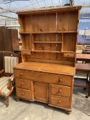A VICTORIAN STYLE PINE DRESSER WITH RACK AND FIVE DRAWERS AND ONE CUPBOARD TO BASE, 49" WIDE