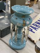 A PALE BLUE GLASS LUSTRE VASE WITH DROPPERS