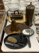 AN ASSORTMENT OF ITEMS TO INCLUDE A METRONOME, AN EBONY DRESSING TABLE SET, CARVED WOODEN TRAY,