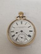 A GOLD PLATED POCKET WATCH BY THOMPSON & SONS FEATURING A WHITE ENAMEL DIAL