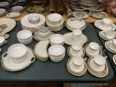 A LARGE ASSORTMENT OF WHITE AND GOLD CERAMIC PIECES TO INCLUDE SHELLEY, CROWN STAFFORDSHIRE AND