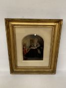 AN ANTIQUE OIL ON BOARD PORTRAIT OF A SEATED ELDERLY LADY IN VICTORIAN DRESS, IN A GILT FRAME,