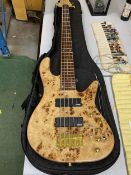 AN AS NEW FIVE STRING ELECTRIC BASS GUITAR WITH CASE