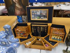 A LARGE PINE JEWELLERY BOX WITH VARIOUS COMPARTMENTS AND MIRROR CONTAING A QUANTITY OF COSTUME