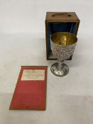 A TESTED TO 800 SILVER CHINESE EXPORT GOBLET WITH REPOUSSE DECORATION OF FIGURES IN A LANDSCAPE WITH