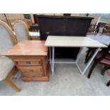 A SIDE TABLE ON METAL FRAME TOGETHER WITH A PINE CHEST OF THREE DRAWERS