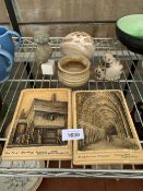 FOUR STUDIO POTTERY ITEMS TO INCLUDE A SMALL POT, A CAT FIGURE PLUS TWO SMALL PLAQUES ETC