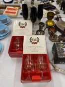 A COLLECTION OF GLASSWARE TO INCLUDE TWO BOXED SETS OF ROYAL COMMEMORATIVE GLASSES, DECANTERS ETC