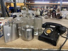 VARIOUS VINTAGE ITEMS TO INCLUDE AN ATM TELEPHONE, A SODA SYPHON, A PAIR OF GLASS DECANTERS IN