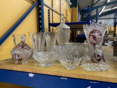 A COLLECTION OF CUT GLASSWARE TO INCLUDE VASES, DECANTERS, BOWLS, JUGS ETC