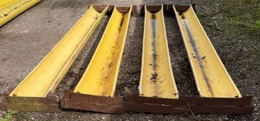 FOUR APPROX 8FT HEAVY DUTY PLASTIC FEED TROUGHS WITH METAL FEET NO VAT OFF SITE TO BE COLLECTED FROM