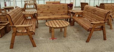 AN AS NEW EX DISPLAY CHARLES TAYLOR PATIO SET COMPRISING OF THREE THREE SEATER BENCHES, TWO SIDE