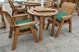 AN AS NEW EX DISPLAY CHARLES TAYLOR BISTRO TABLE AND TWO CHAIRS WITH CUSHIONS AND ARM REST TABLE *