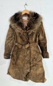 A vintage suede double breasted Afghan style belted coat with a fur shawl collar, label Anthony Kaye