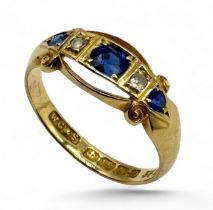 A turn of the century 18ct gold diamond and sapphire five stone ring - size N, weight 2.78g
