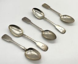 A set of five hallmarked silver (Exeter 1844) dessert spoons - total weight 201g.
