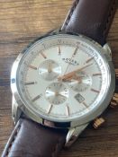Rotary Chronograph Men's Watch Silver Dial Rose Gold Tone Brown Leather Strap