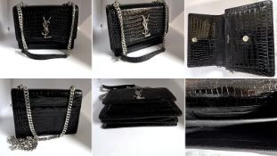 Saint Laurent Sunset Black Patent Embossed Leather Shoulder Bag – Unused