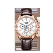 Rotary Chronograph Men's Watch White Dial Rose Gold Tone Brown Leather Strap