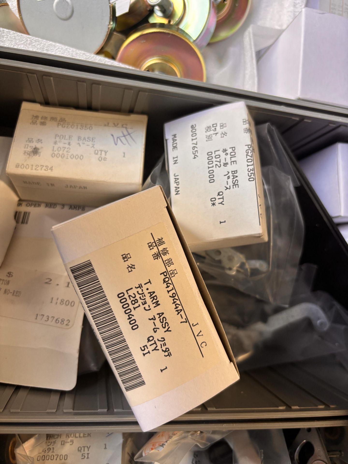 Parts Cabinet w/ NOS JVC Professional Video Spare Parts Lot - VCR Repair: Belts, Motors, Pinch Rolle - Image 7 of 16