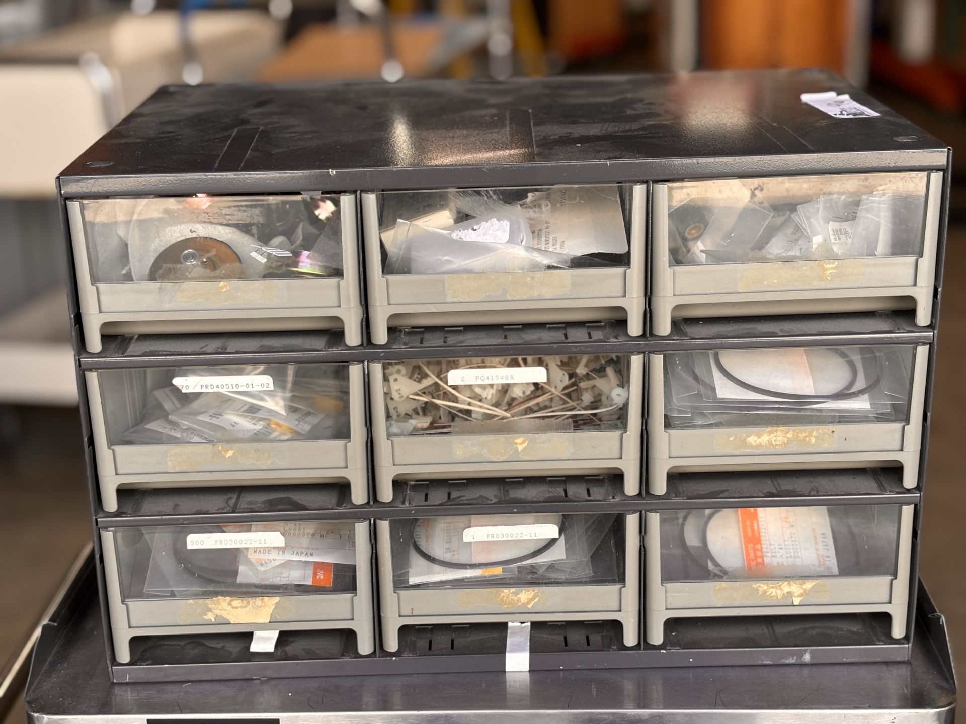 Parts Cabinet w/ NOS JVC Professional Video Spare Parts Lot - VCR Repair: Belts, Motors, Pinch Rolle