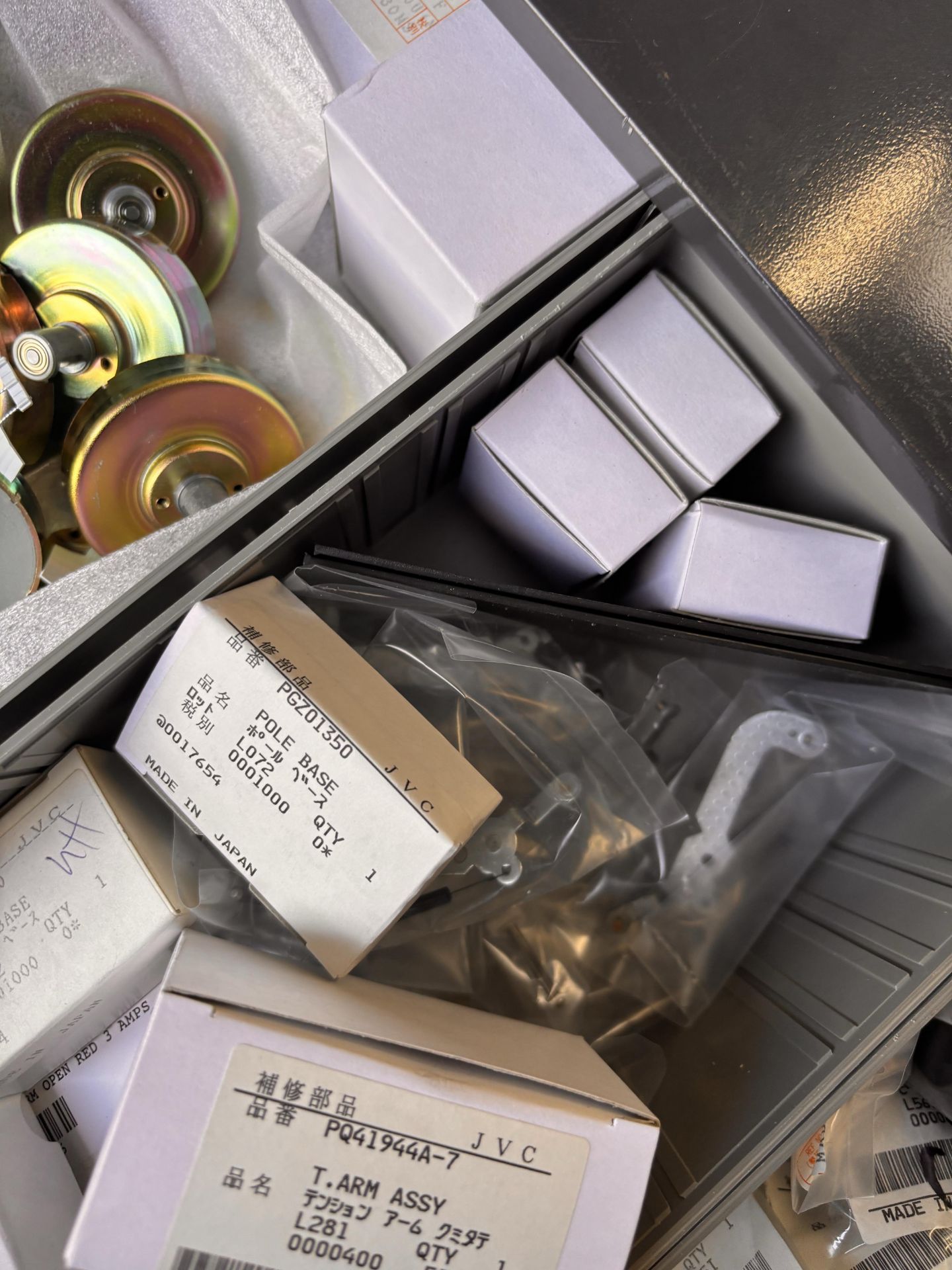 Parts Cabinet w/ NOS JVC Professional Video Spare Parts Lot - VCR Repair: Belts, Motors, Pinch Rolle - Image 8 of 16