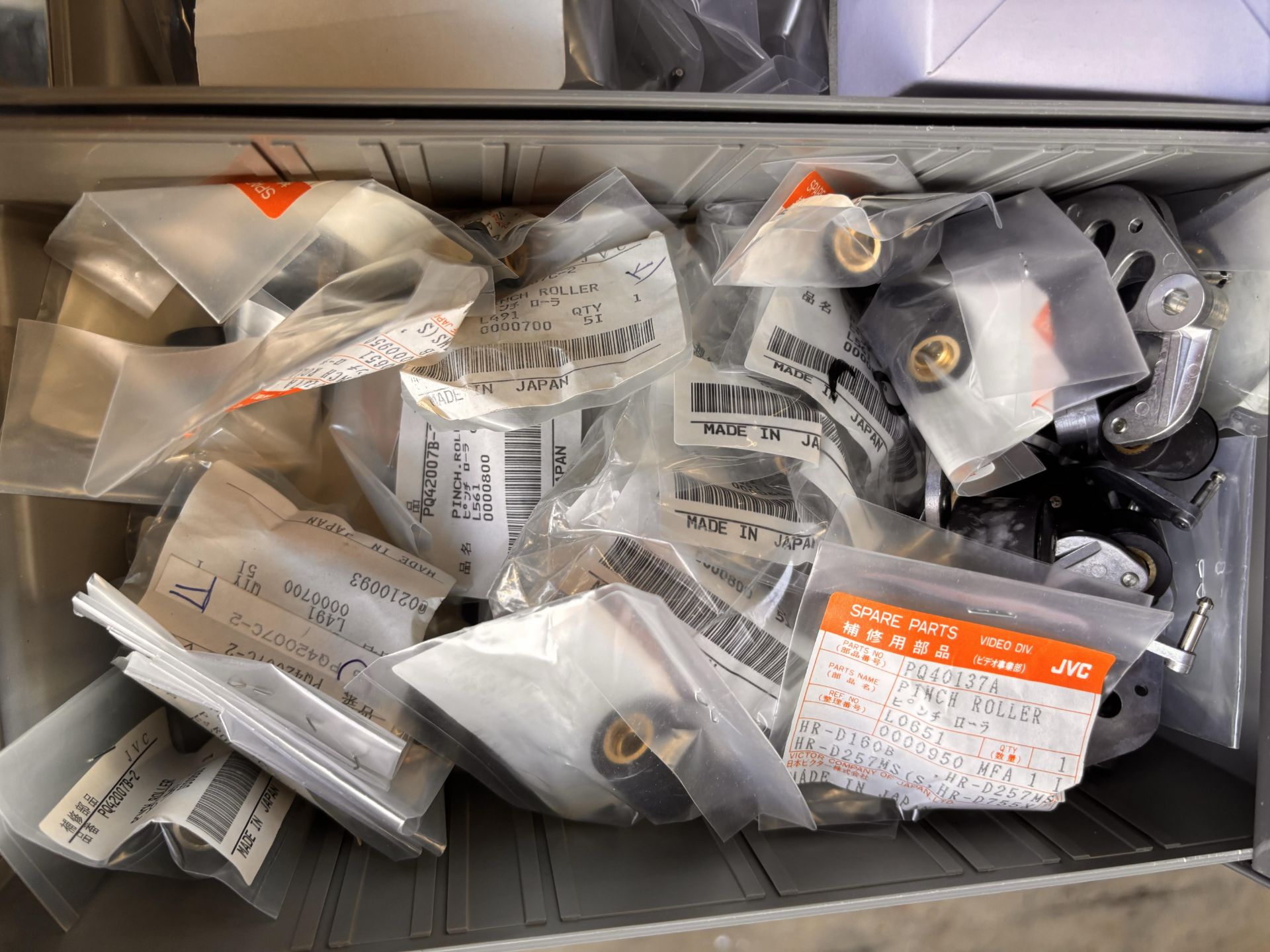 Parts Cabinet w/ NOS JVC Professional Video Spare Parts Lot - VCR Repair: Belts, Motors, Pinch Rolle - Image 3 of 16