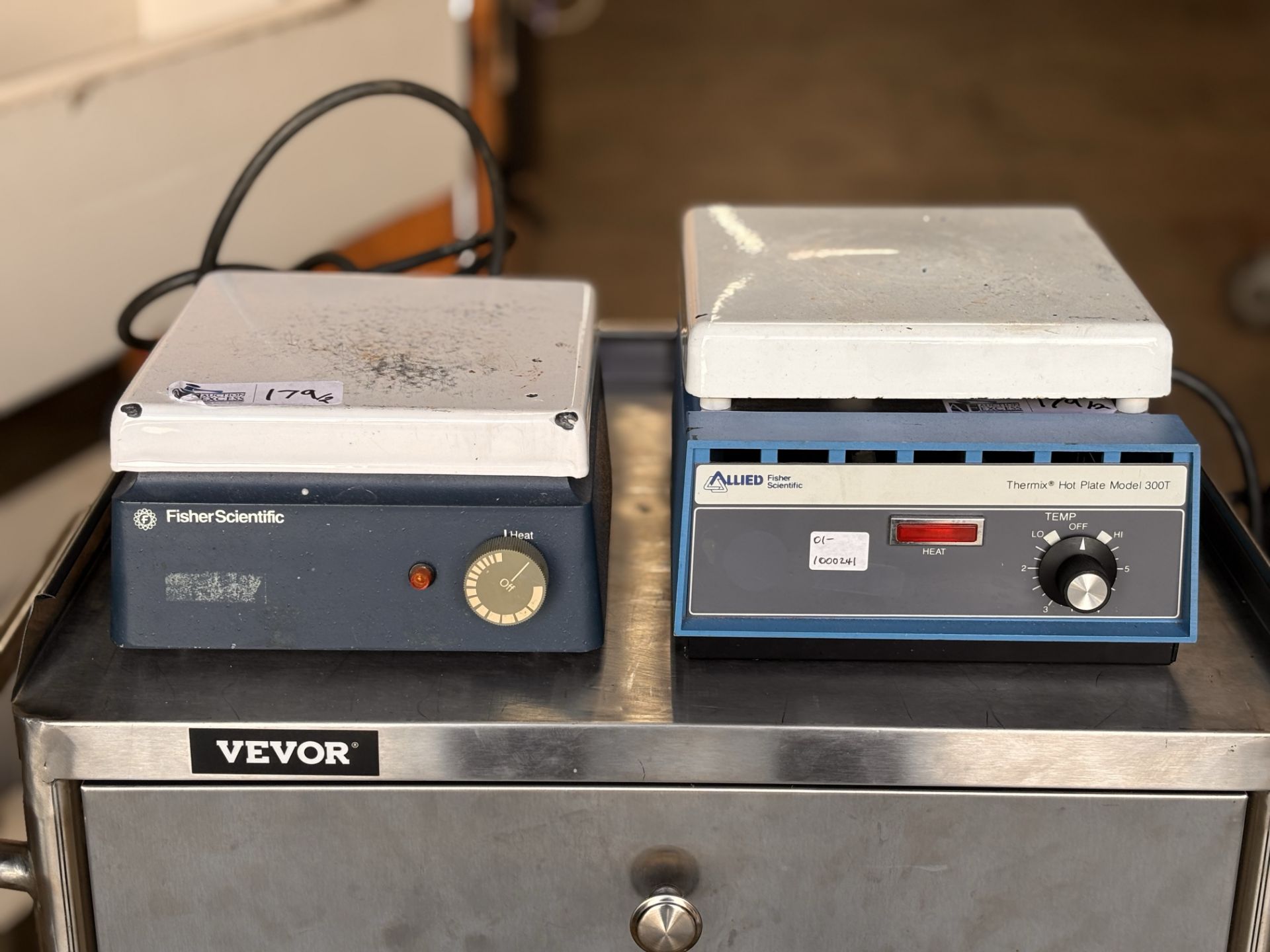 Lot of 2 Fisher Scientific Hot Plates including Fisher Scientific Thermix 300T, Fisher Scientific 11