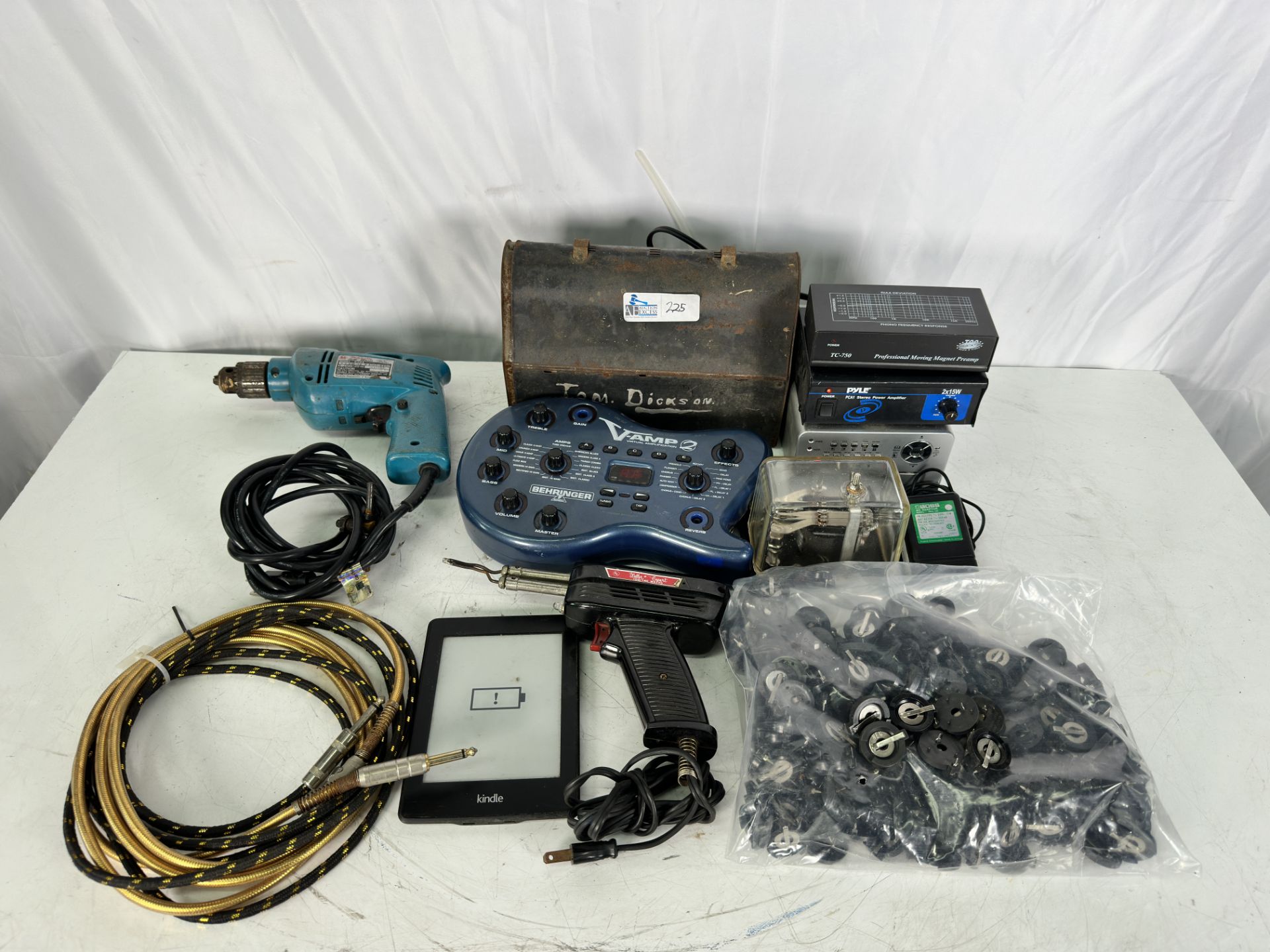 Lot of Misc Including Amazon Kindle, Makita 6404 3/8" Drill, Weller 8200 Soldering Gun, Pyle PCA1, T