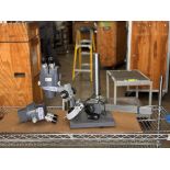 American Optical Microscope Lot: Including AO 580 Stereo Zoom, Arm, Base w/ WF10x/18 Eyepieces + Ame