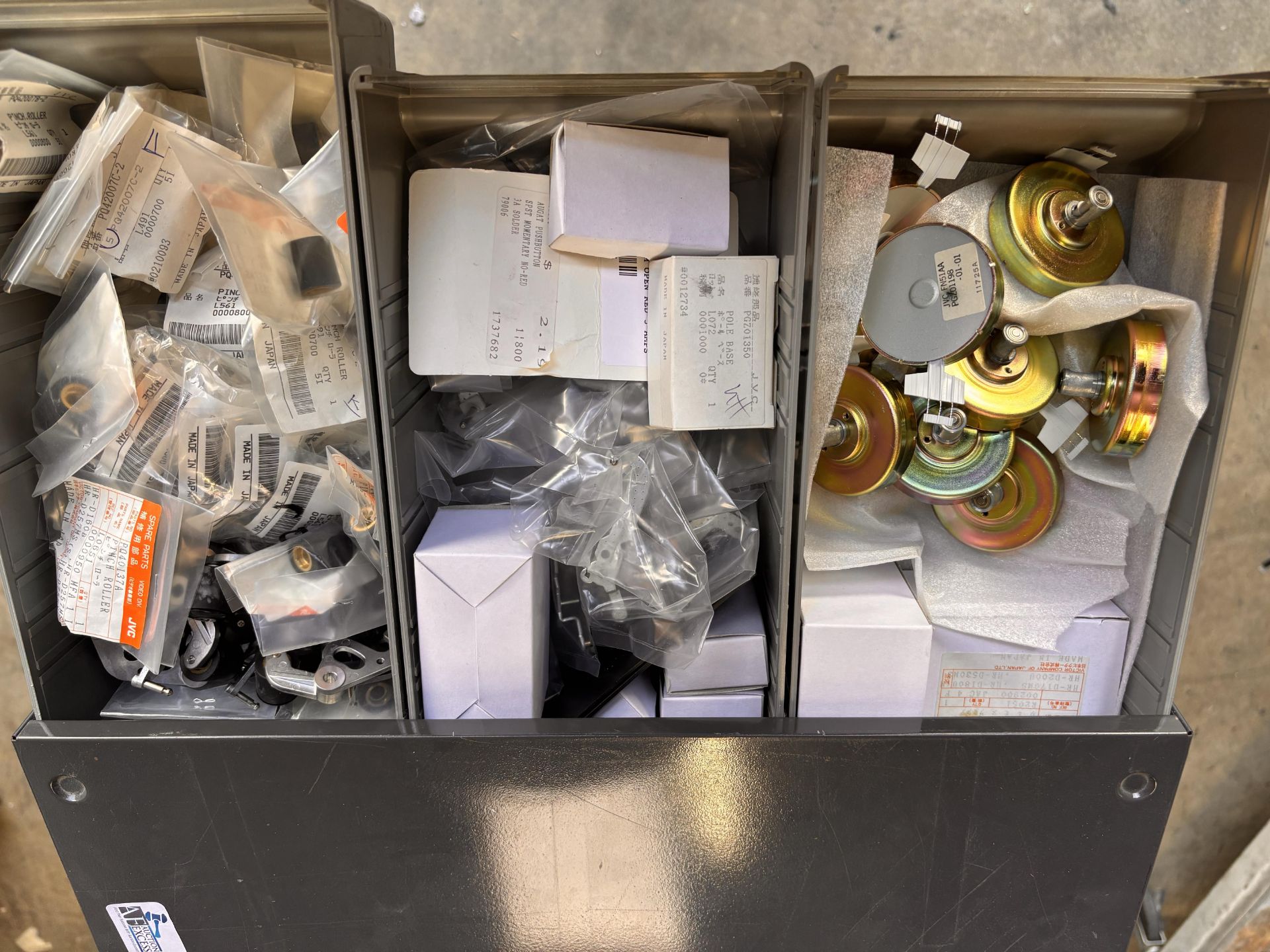 Parts Cabinet w/ NOS JVC Professional Video Spare Parts Lot - VCR Repair: Belts, Motors, Pinch Rolle - Image 2 of 16