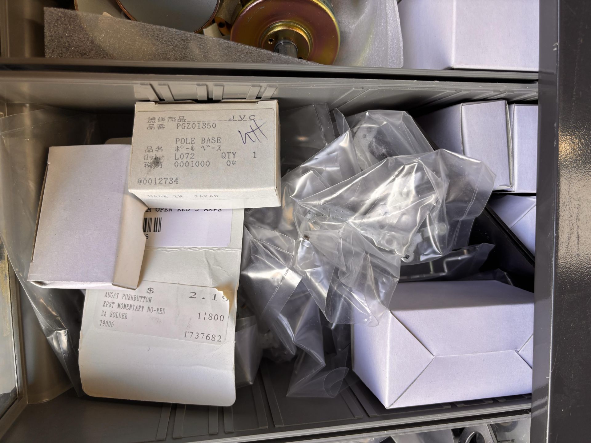 Parts Cabinet w/ NOS JVC Professional Video Spare Parts Lot - VCR Repair: Belts, Motors, Pinch Rolle - Image 4 of 16