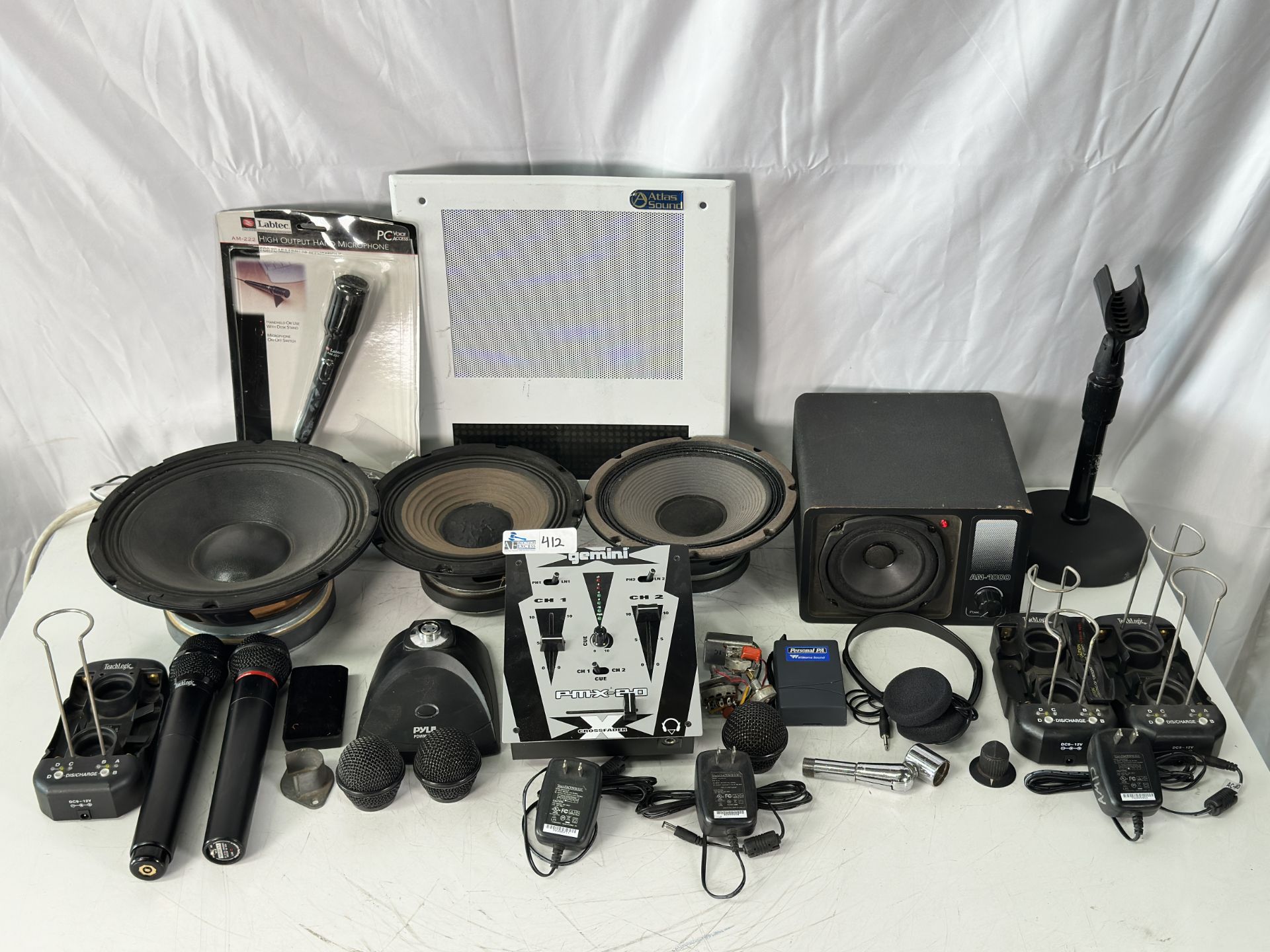 Lot of Misc Speakers, Microphones and Periphals including Atlas Sound 18SC Wall Mount Speaker, (2) P