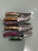( 6 ) UNUSED HANDMADE DAMASCUS KNIVES , ASSORTED SIZES AND COLORS, STEEL AND HANDMADE DAMASCUS