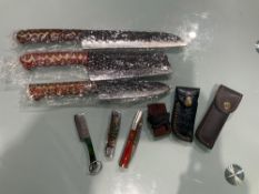 ( 6 ) UNUSED HANDMADE DAMASCUS KNIVES , ASSORTED SIZES AND COLORS, STEEL AND HANDMADE DAMASCUS