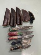 ( 5 ) UNUSED HANDMADE DAMASCUS KNIVES , ASSORTED SIZES AND COLORS, STEEL AND HANDMADE DAMASCUS