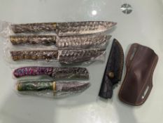 ( 5 ) UNUSED HANDMADE DAMASCUS KNIVES , ASSORTED SIZES AND COLORS, STEEL AND HANDMADE DAMASCUS