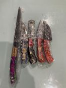 ( 5 ) UNUSED HANDMADE DAMASCUS KNIVES , ASSORTED SIZES AND COLORS, STEEL AND HANDMADE DAMASCUS