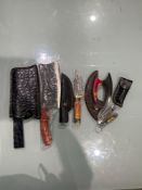 ( 5 ) UNUSED HANDMADE DAMASCUS KNIVES , ASSORTED SIZES AND COLORS, STEEL AND HANDMADE DAMASCUS