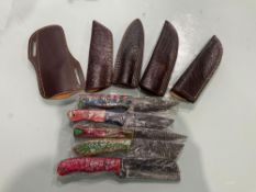 ( 5 ) UNUSED HANDMADE DAMASCUS KNIVES , ASSORTED SIZES AND COLORS, STEEL AND HANDMADE DAMASCUS