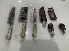 ( 7 ) UNUSED HANDMADE DAMASCUS KNIVES , ASSORTED SIZES AND COLORS, STEEL AND HANDMADE DAMASCUS
