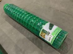 UNUSED VINYL COATED METAL WELDED WIRE FENCE ROLL, APPROX 98FT L x 4FT H, MESH SIZE APPROX 2.4in X