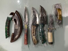 ( 6 ) UNUSED HANDMADE DAMASCUS KNIVES , ASSORTED SIZES AND COLORS,