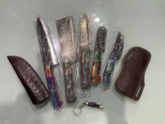 ( 6 ) UNUSED HANDMADE DAMASCUS KNIVES , ASSORTED SIZES AND COLORS, STEEL AND HANDMADE DAMASCUS