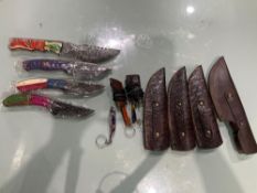 ( 4 ) UNUSED HANDMADE DAMASCUS KNIVES , ASSORTED SIZES AND COLORS, STEEL AND HANDMADE DAMASCUS