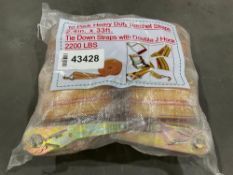 UNUSED HEAVY DUTY RATCHET STRAPS TIE DOWN STRAPS WITH DOUBLE J HOOKS, APPROX 10 TOTAL IN PACK,