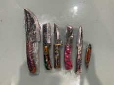 ( 6 ) UNUSED HANDMADE DAMASCUS KNIVES , ASSORTED SIZES AND COLORS, STEEL AND HANDMADE DAMASCUS