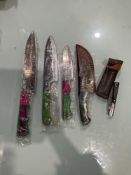 ( 5 ) UNUSED HANDMADE DAMASCUS KNIVES , ASSORTED SIZES AND COLORS, STEEL AND HANDMADE DAMASCUS