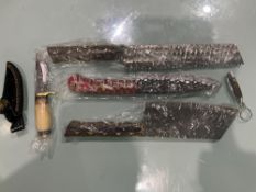 ( 5 ) UNUSED HANDMADE DAMASCUS KNIVES , ASSORTED SIZES AND COLORS, STEEL AND HANDMADE DAMASCUS