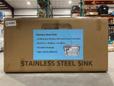 UNUSED STAINLESS STEEL SINK WITH FAUCET AND BASE, APPROX 39in X 20in X 31in